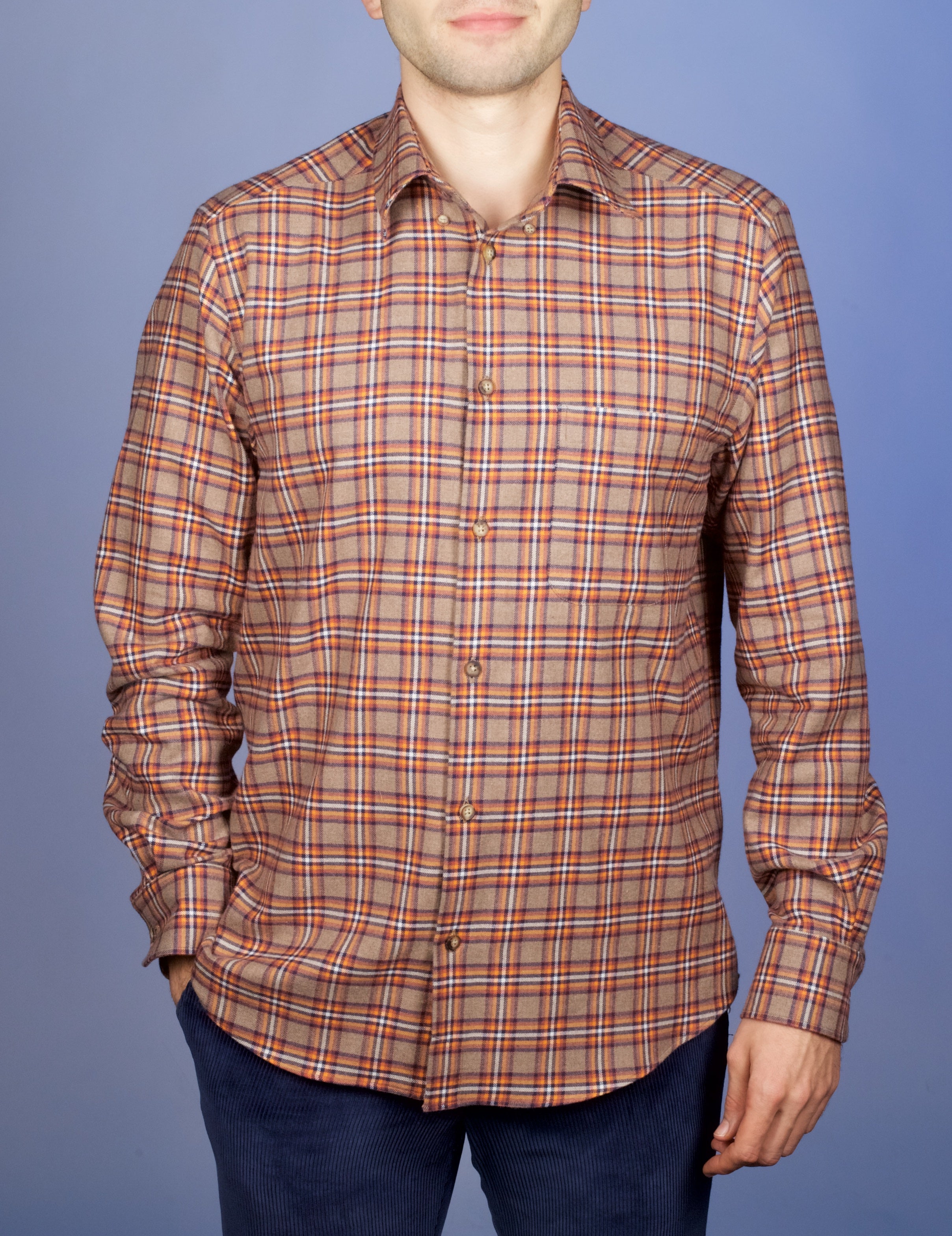 Chemise Flanelle Carreaux Camel/Orange - Col Boutonné