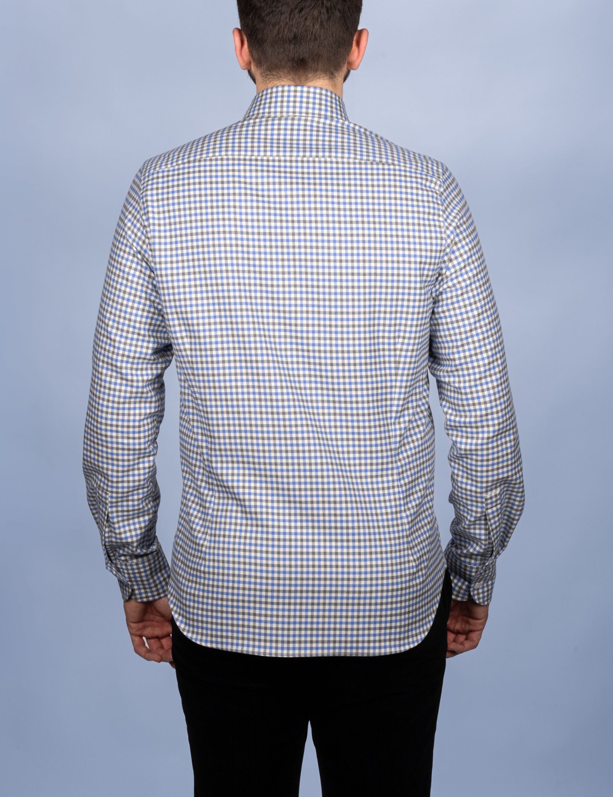 Chemise Flanelle Carreaux Bleu/Gris - Col Boutonné