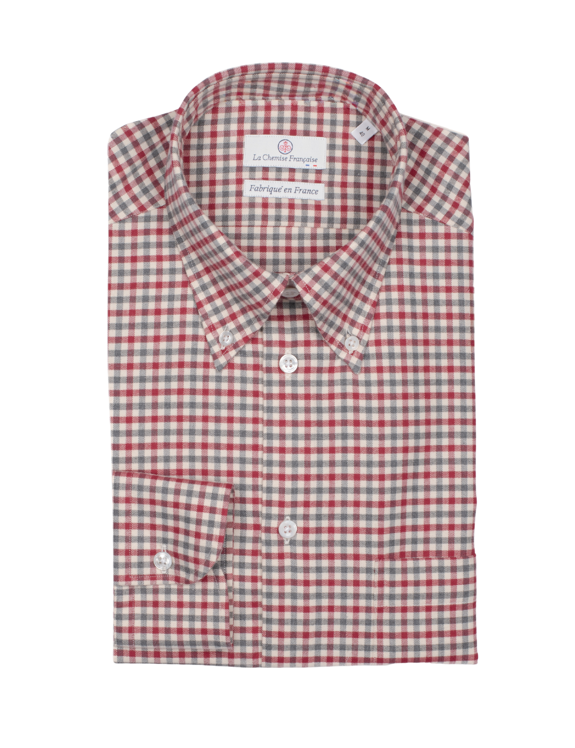 Chemise Flanelle Carreaux Rouge/Gris - Col Boutonné