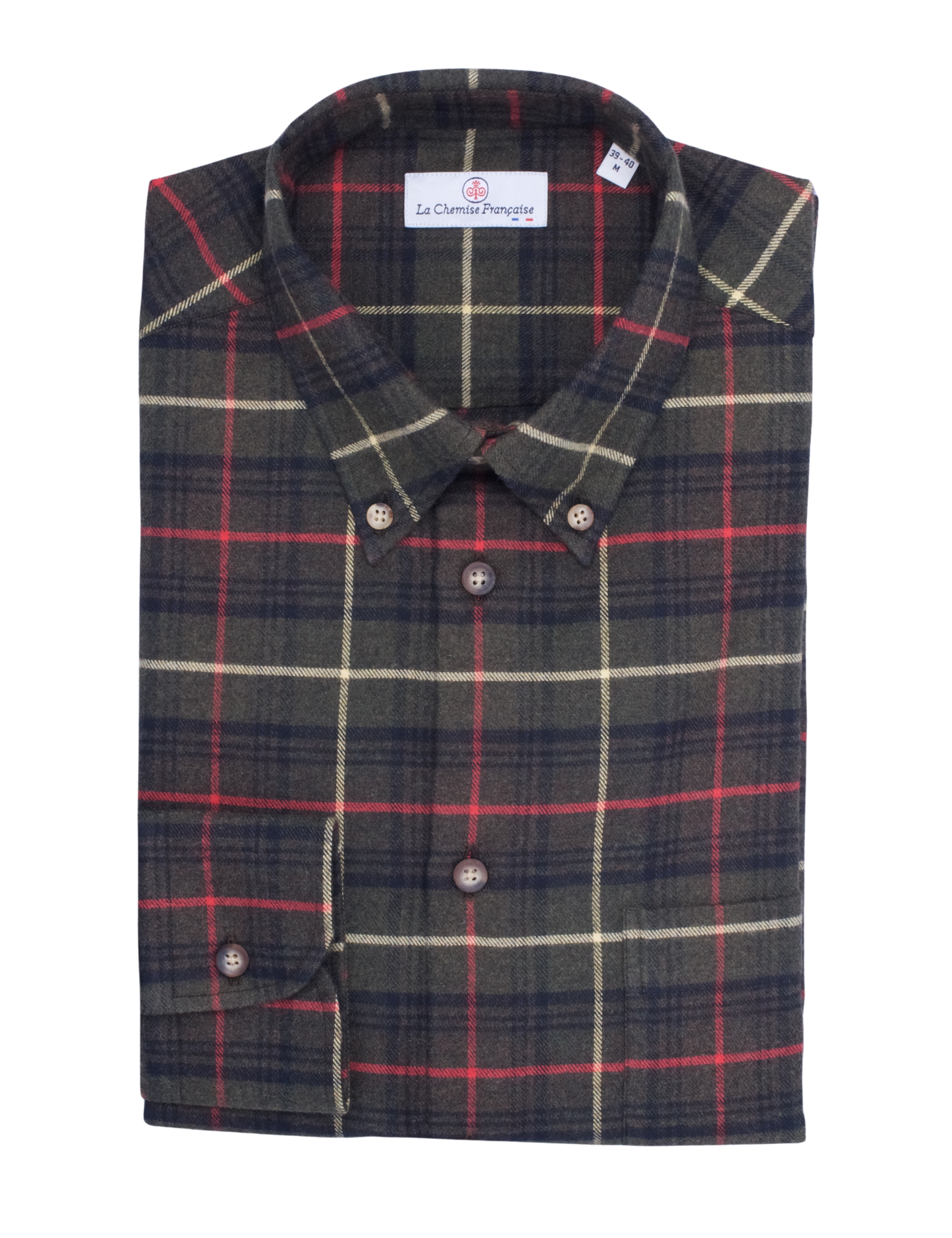 Chemise Flanelle Carreaux Kaki - Col Boutonné