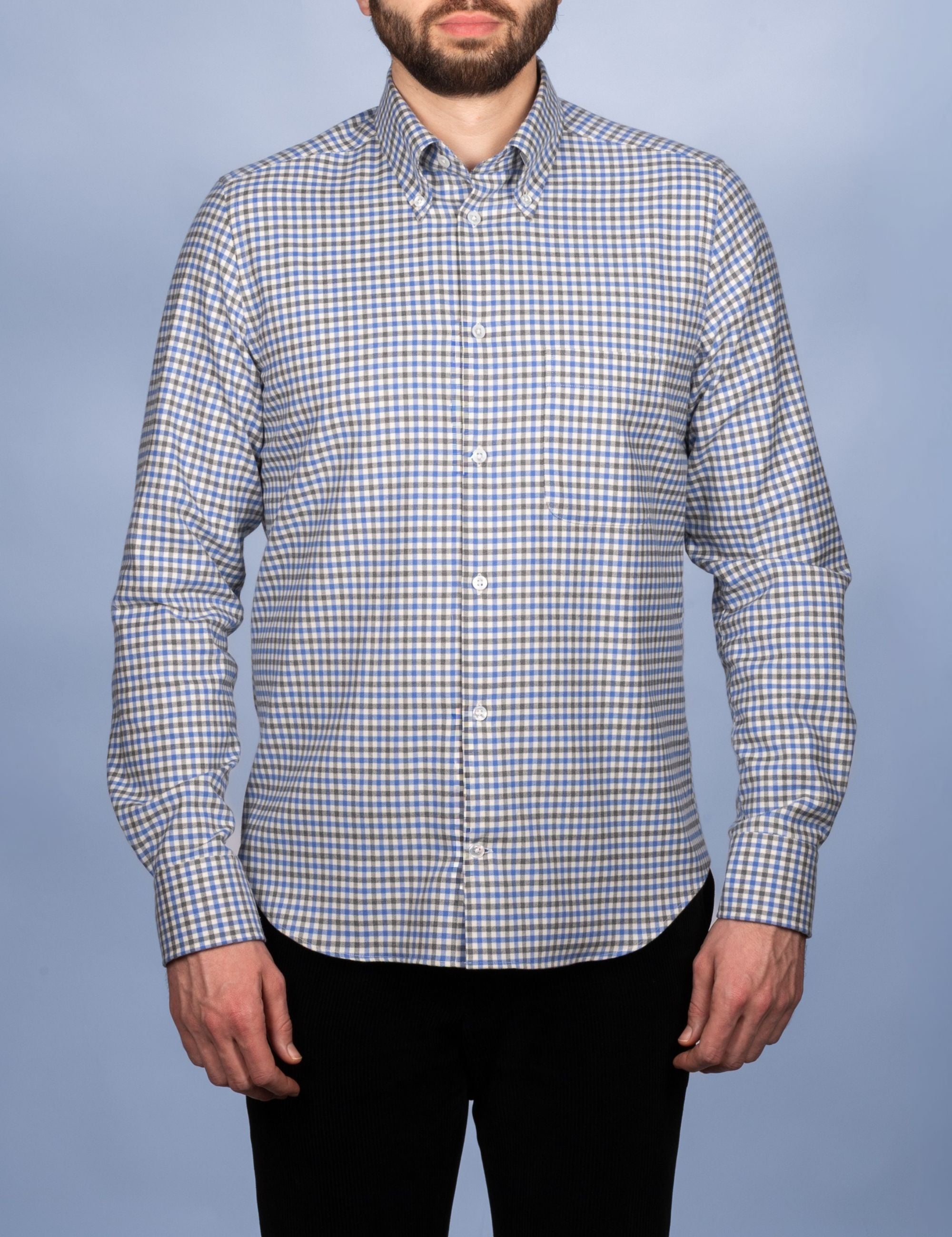 Chemise Flanelle Carreaux Bleu/Gris - Col Boutonné