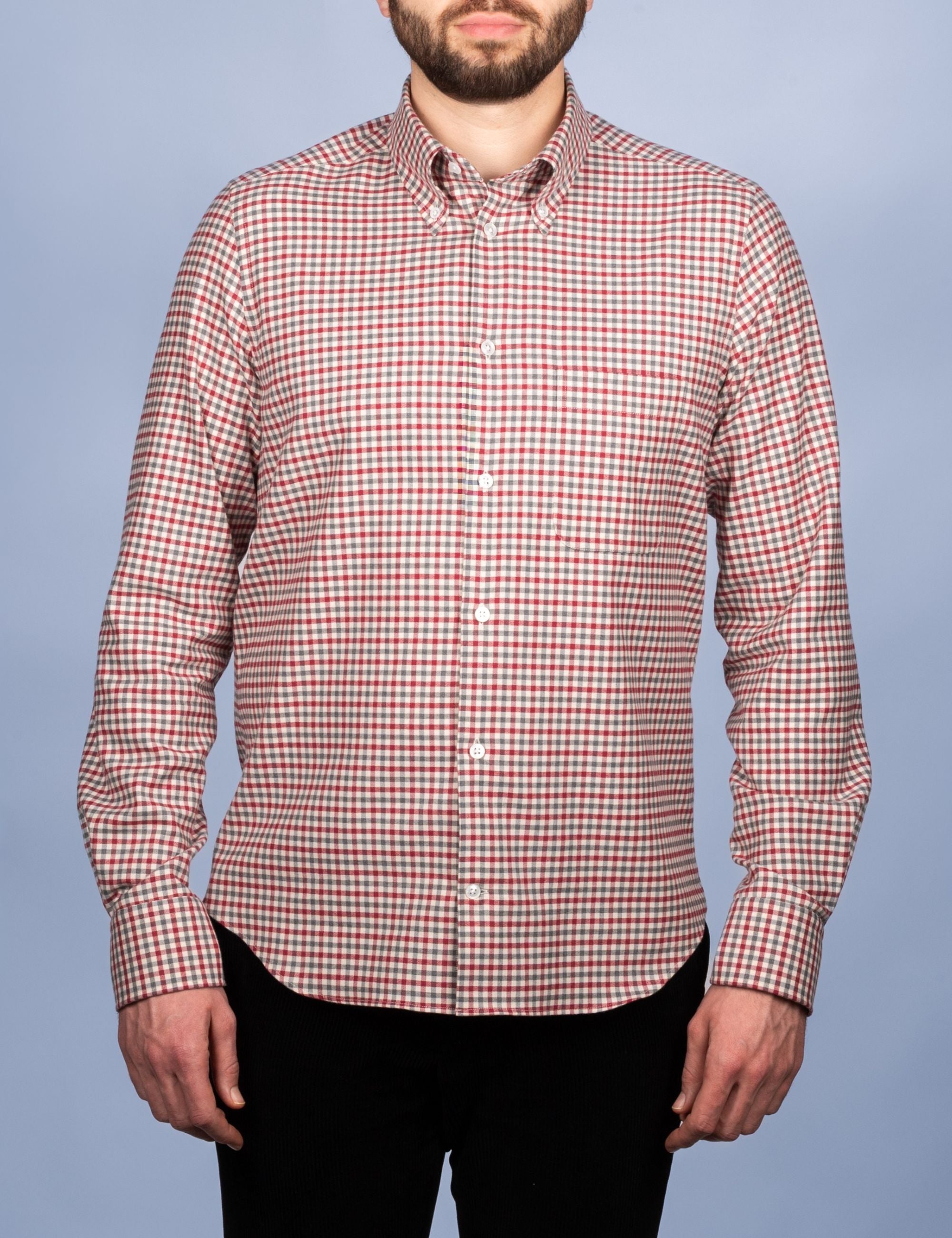 Chemise Flanelle Carreaux Rouge/Gris - Col Boutonné
