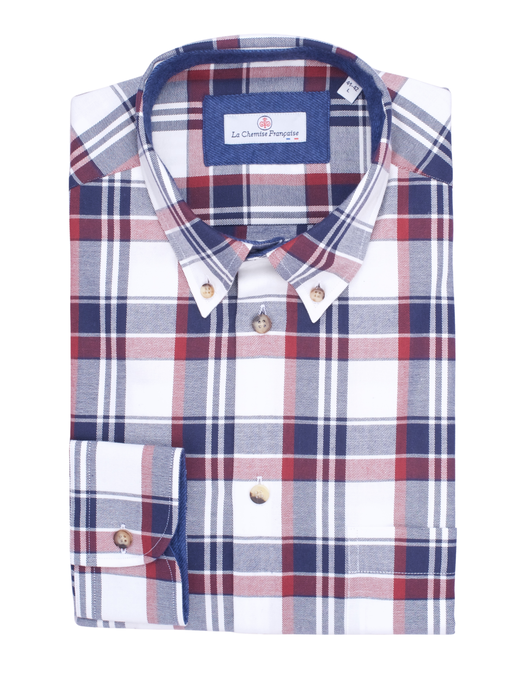 Chemise Flanelle Carreaux Bleu/Blanc/Rouge - Col Boutonné