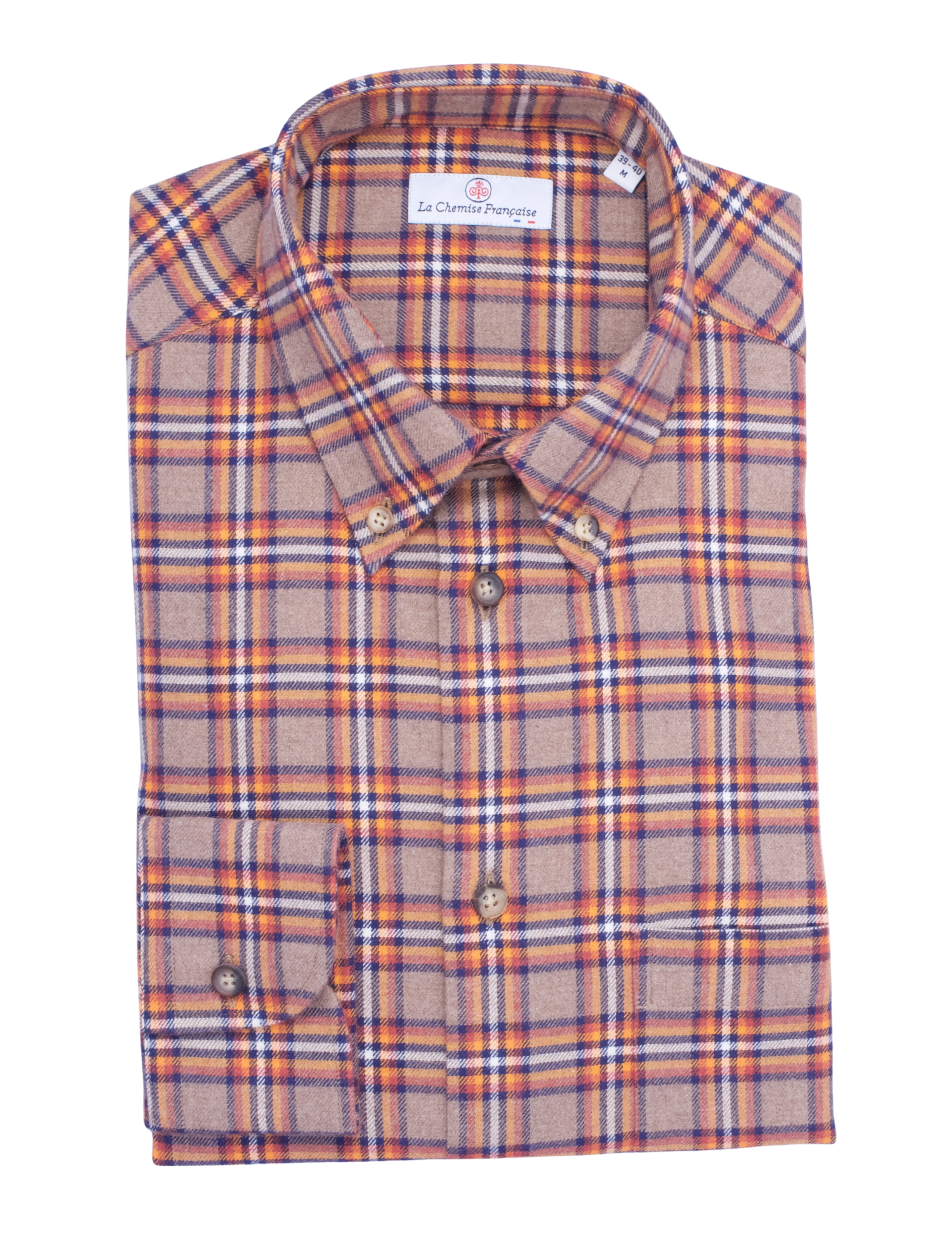 Chemise Flanelle Carreaux Camel/Orange - Col Boutonné