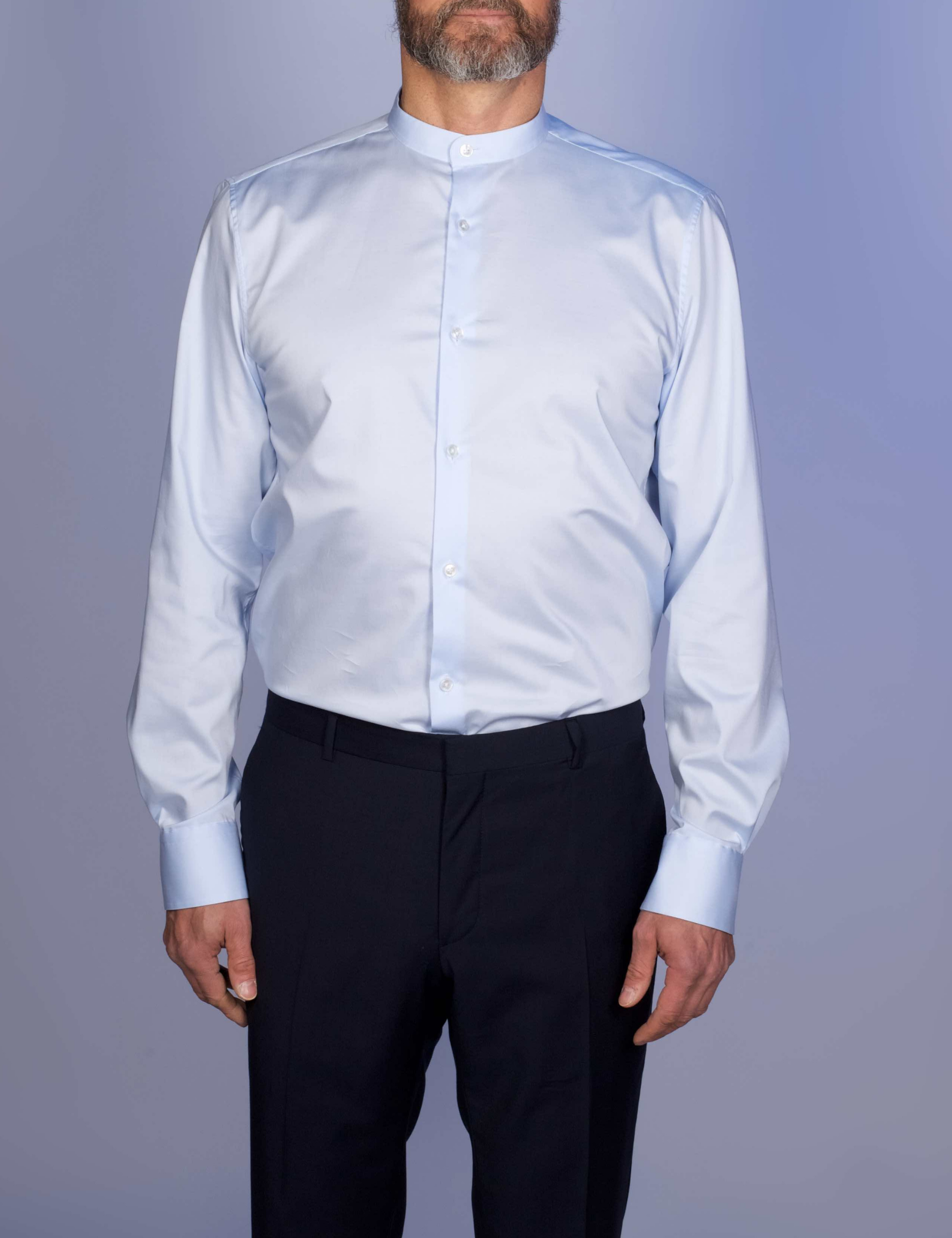 Chemise Bleu Ciel Popeline Double Retors - Col Officier