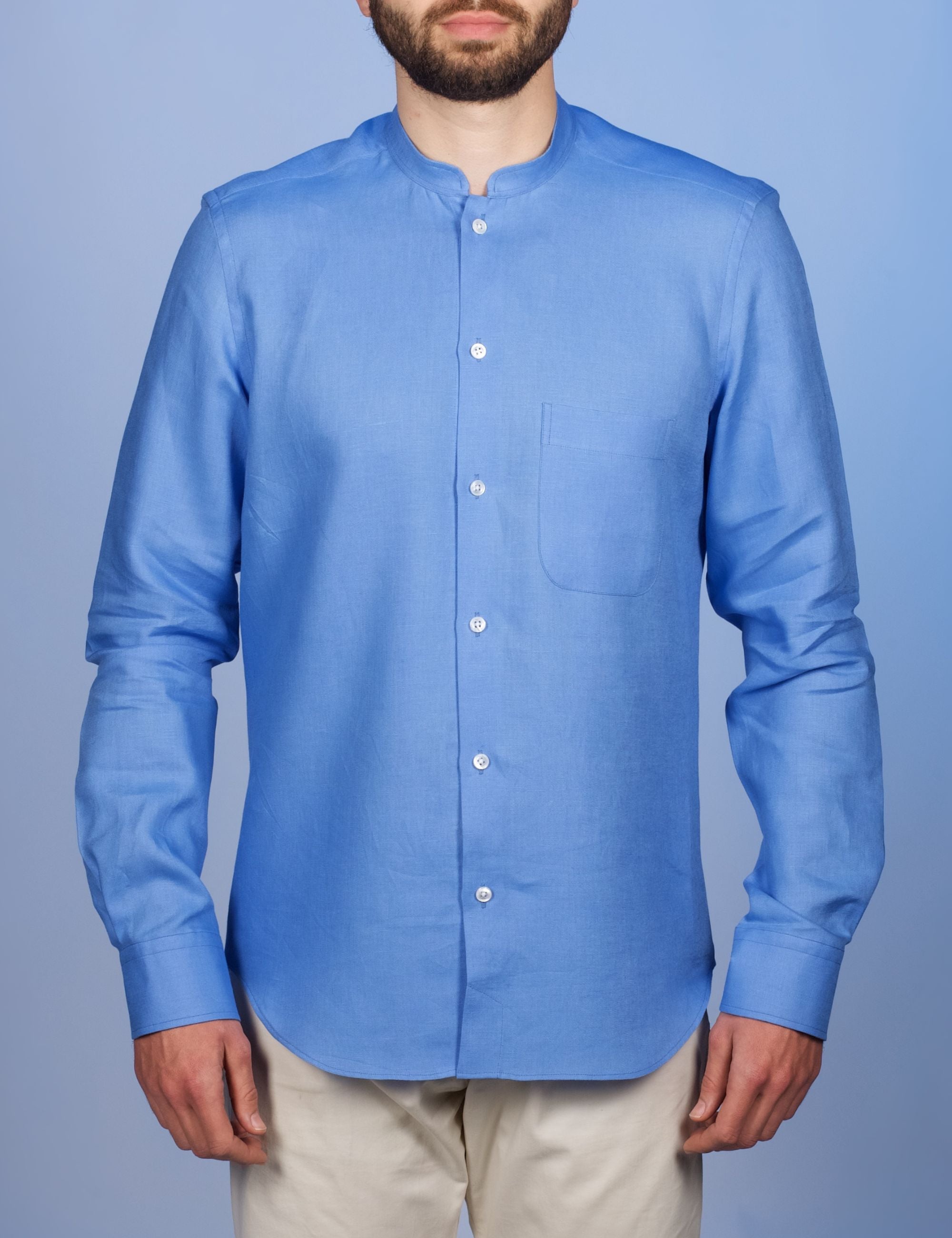 Chemise Lin Normand Bleu Azur - Col Mao
