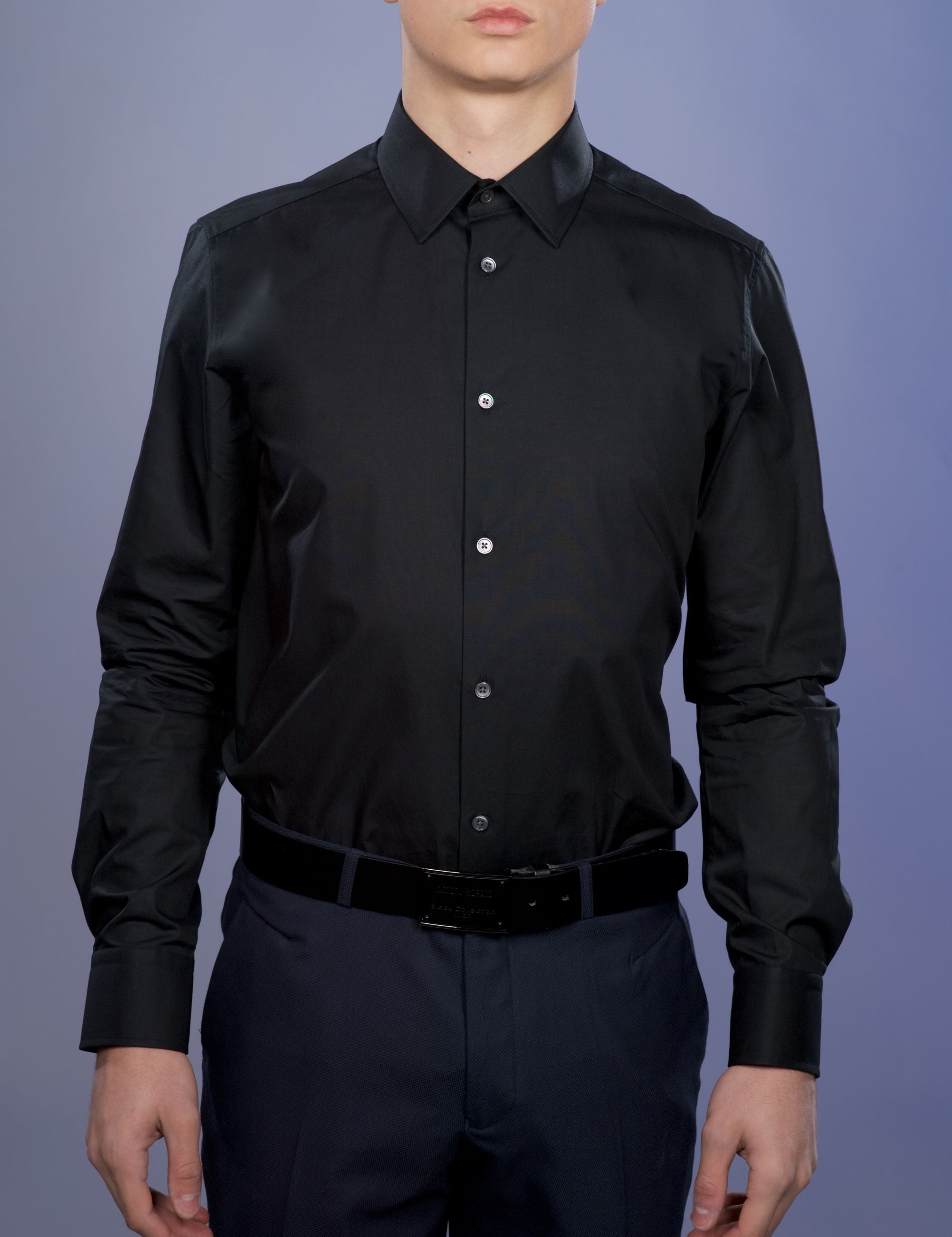 Chemise Noire Popeline Double Retors - Col Français
