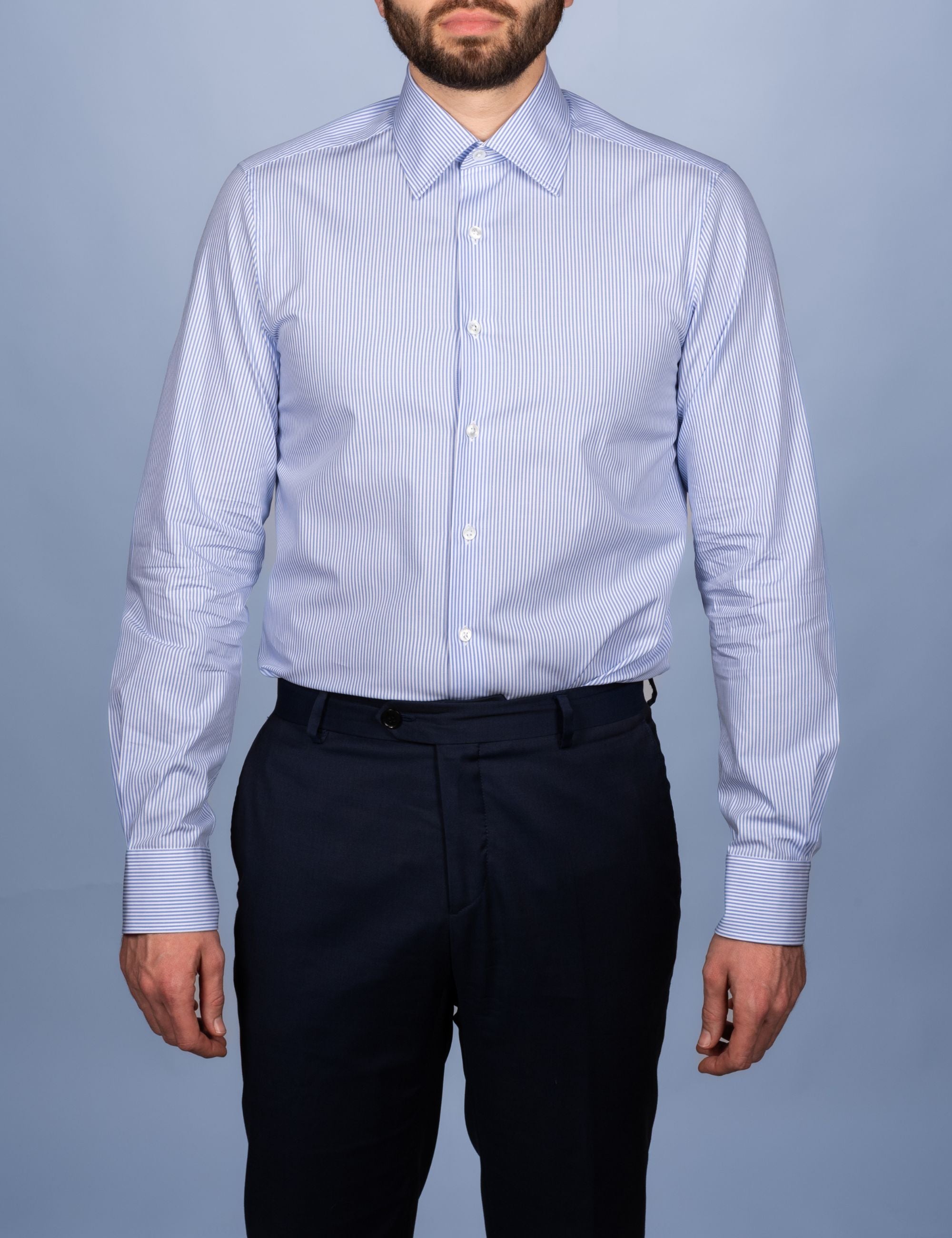 Chemise Rayure Fine Bleu Ciel 2mm - Col Français