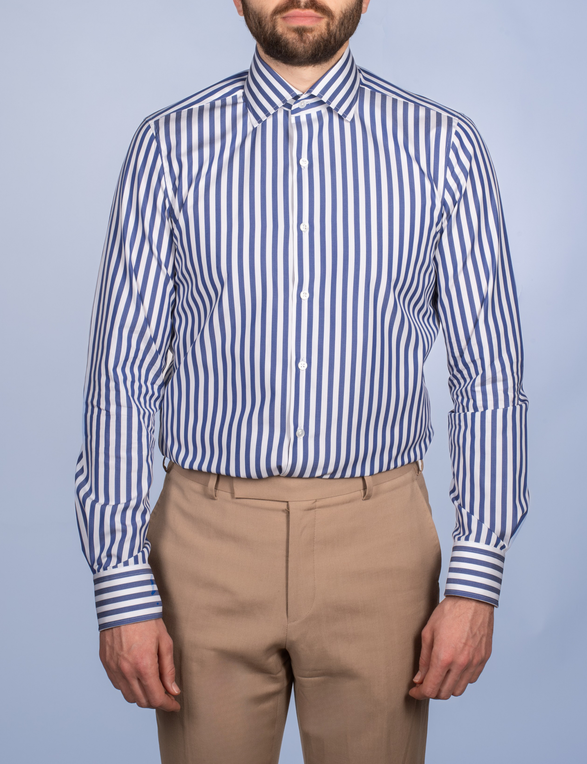 Chemise Rayure Bâton Bleue 7mm - Col Italien