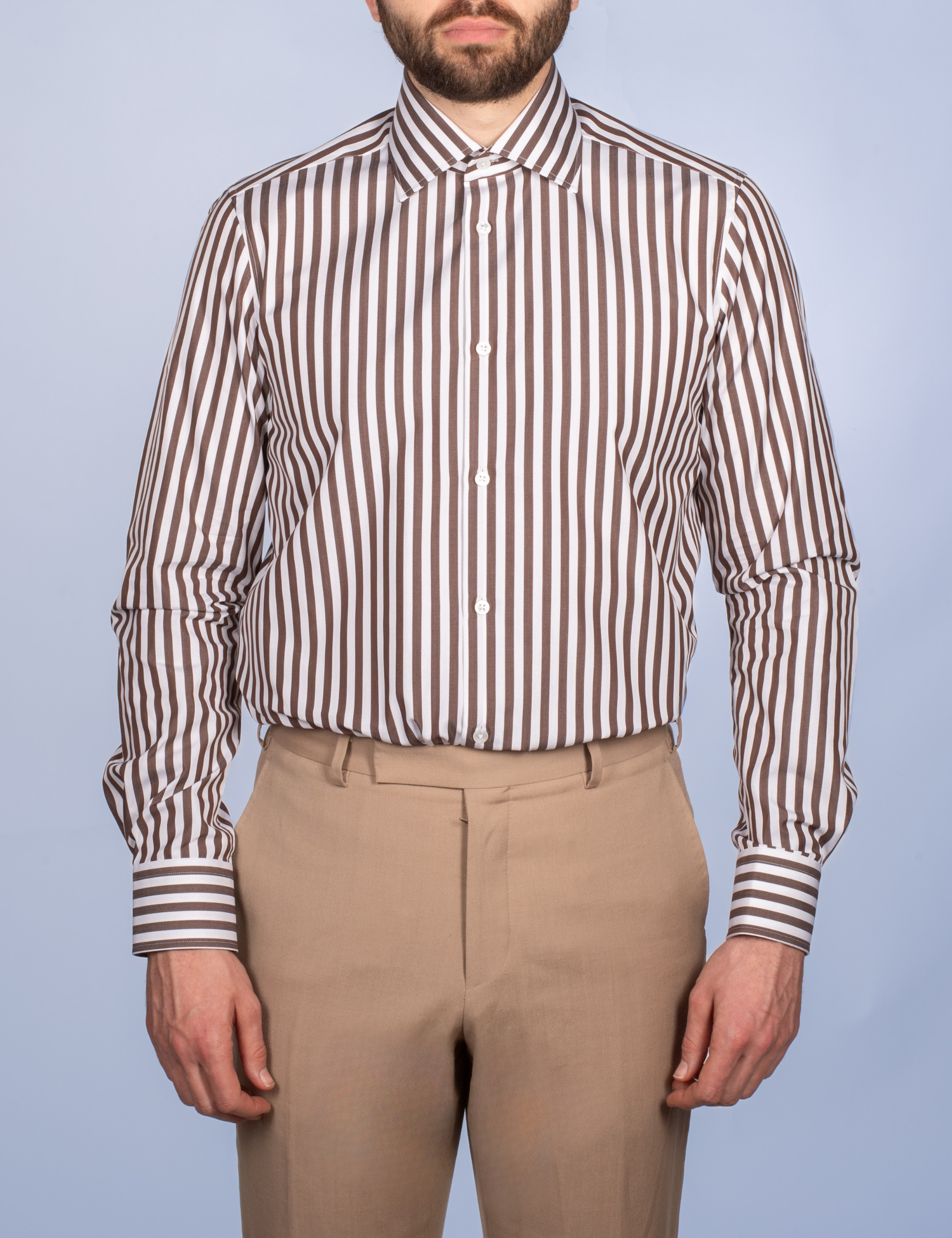 Chemise Rayure Bâton Chocolat 7mm - Col Italien