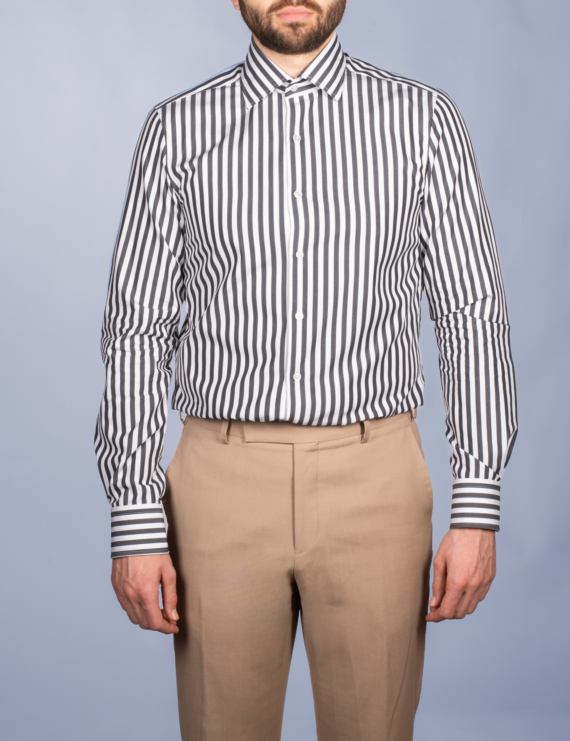 Chemise Rayure Bâton Noire 7mm - Col Italien